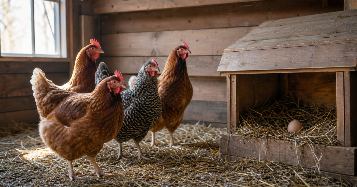 Backyard hens standing beside a wooden nesting box holding a single brown egg