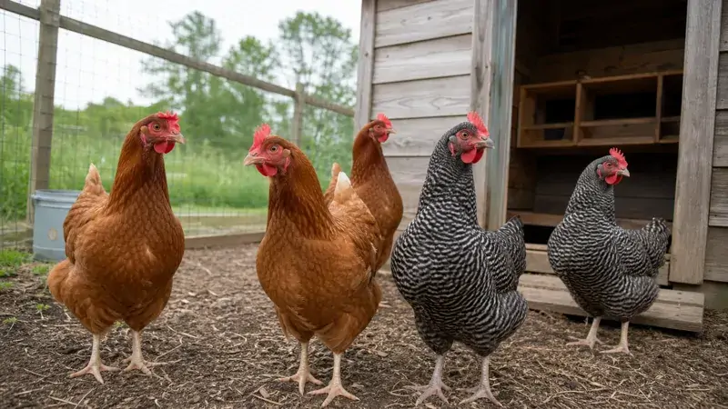 Backyard hens standing alert near an open coop door with empty nest boxes visible behind them