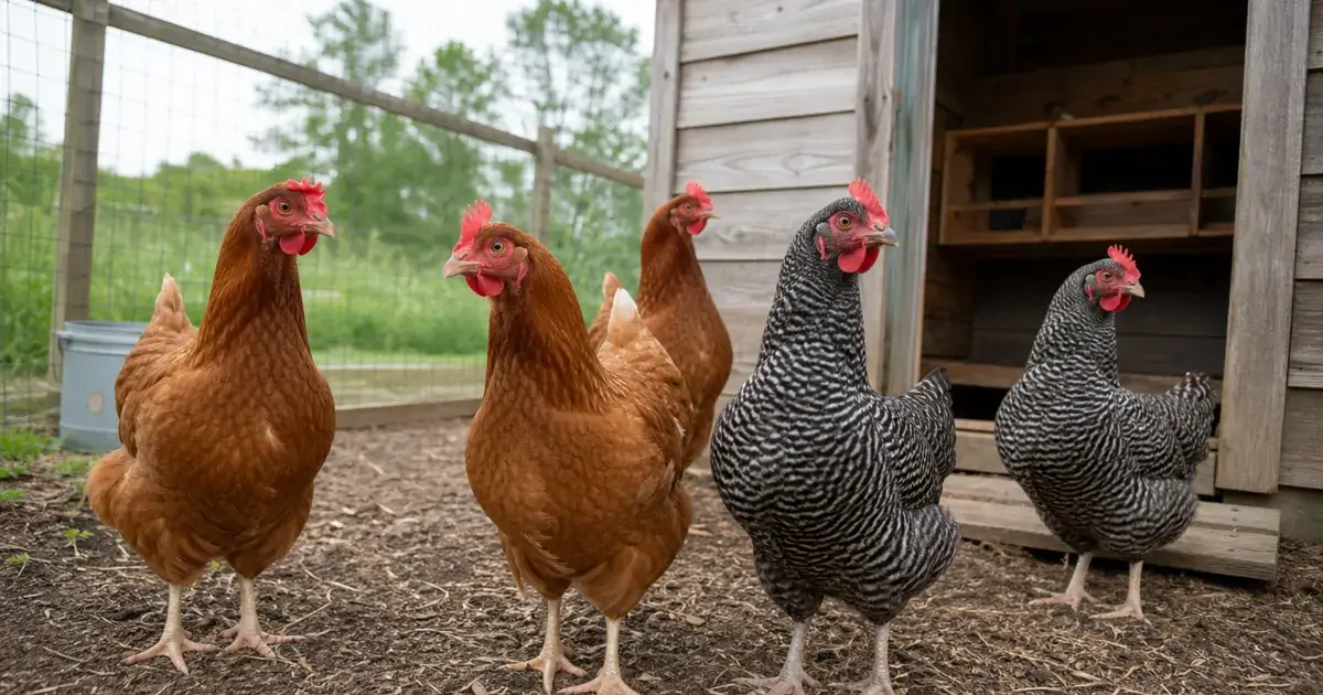 Backyard hens standing alert near an open coop door with empty nest boxes visible behind them