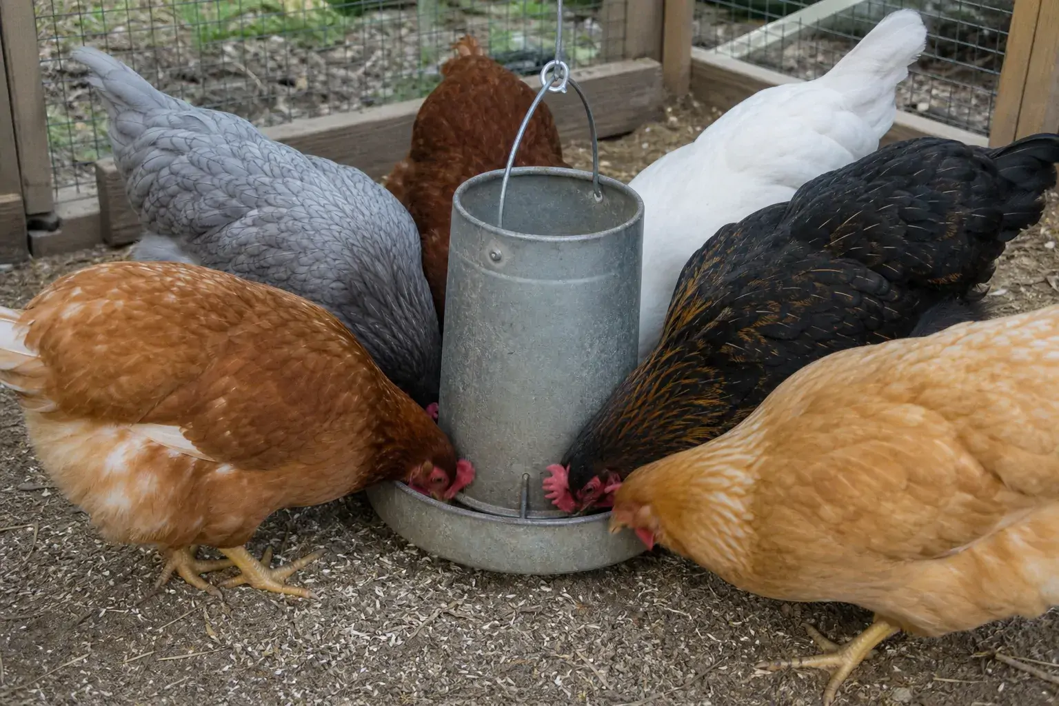 Multiple hens crowding around a single feeder in a small run