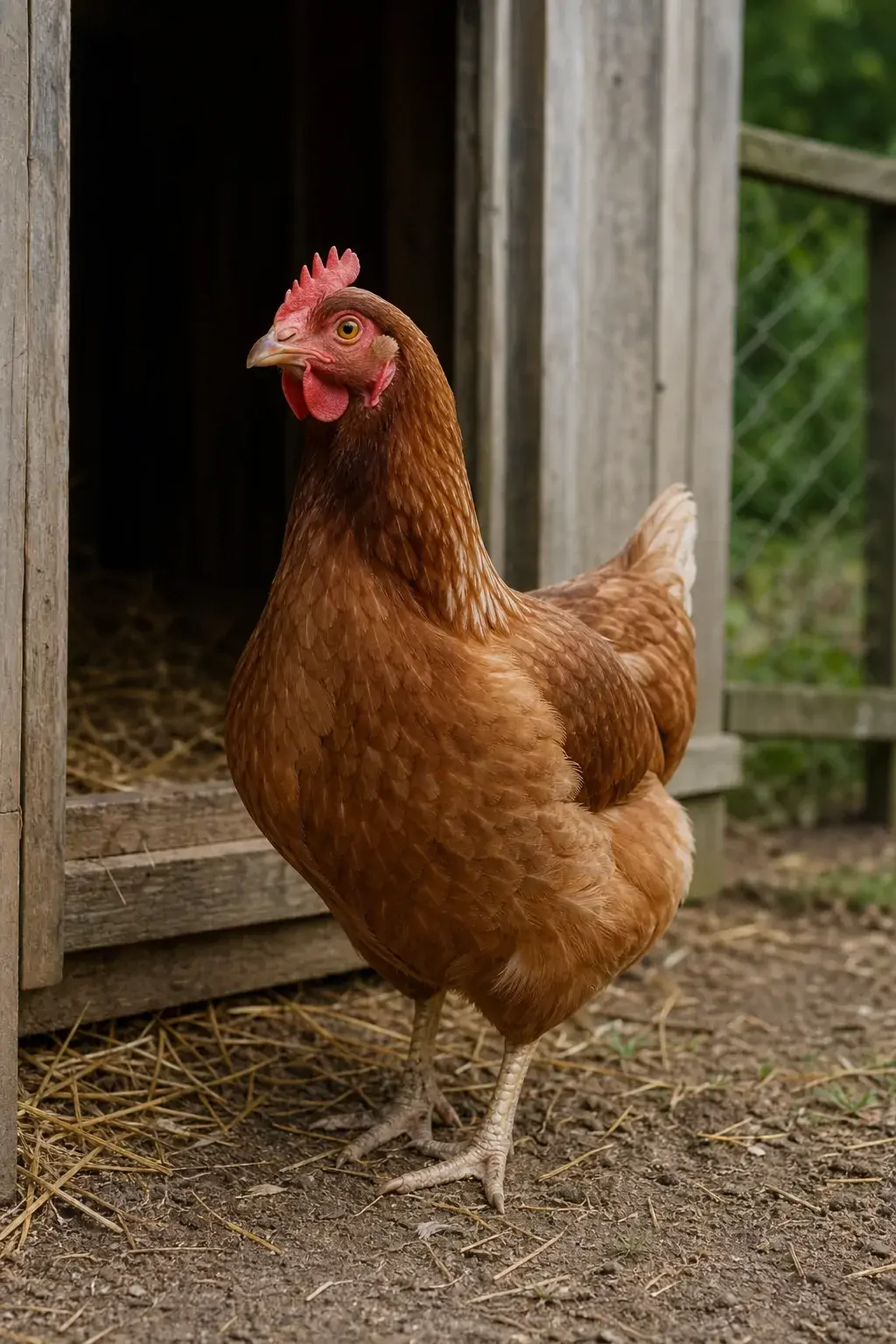 A hen standing alone near the coop entrance in an alert, watchful posture