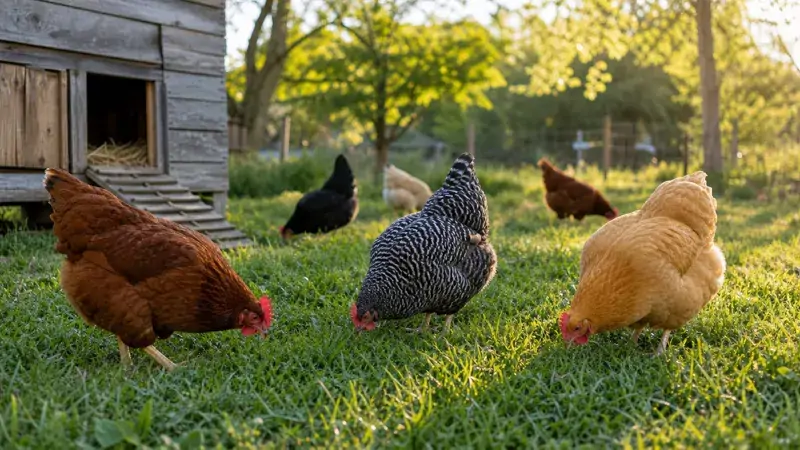 Mixed flock of brown, black-and-white barred, and buff-colored chickens foraging in a grassy backyard run