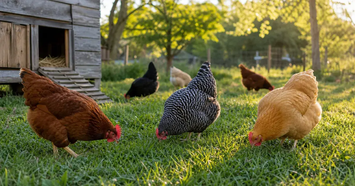 Mixed flock of brown, black-and-white barred, and buff-colored chickens foraging in a grassy backyard run