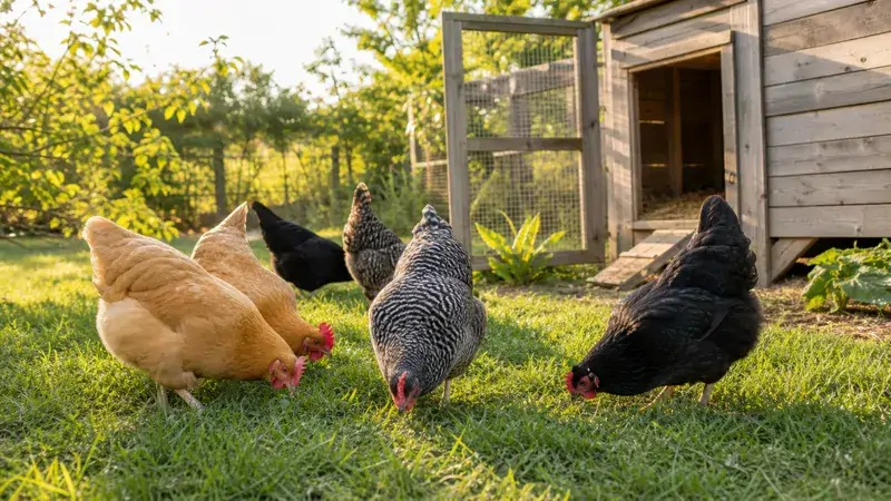 A small mixed flock of buff, barred, and black hens foraging in a grassy backyard beside a wooden coop