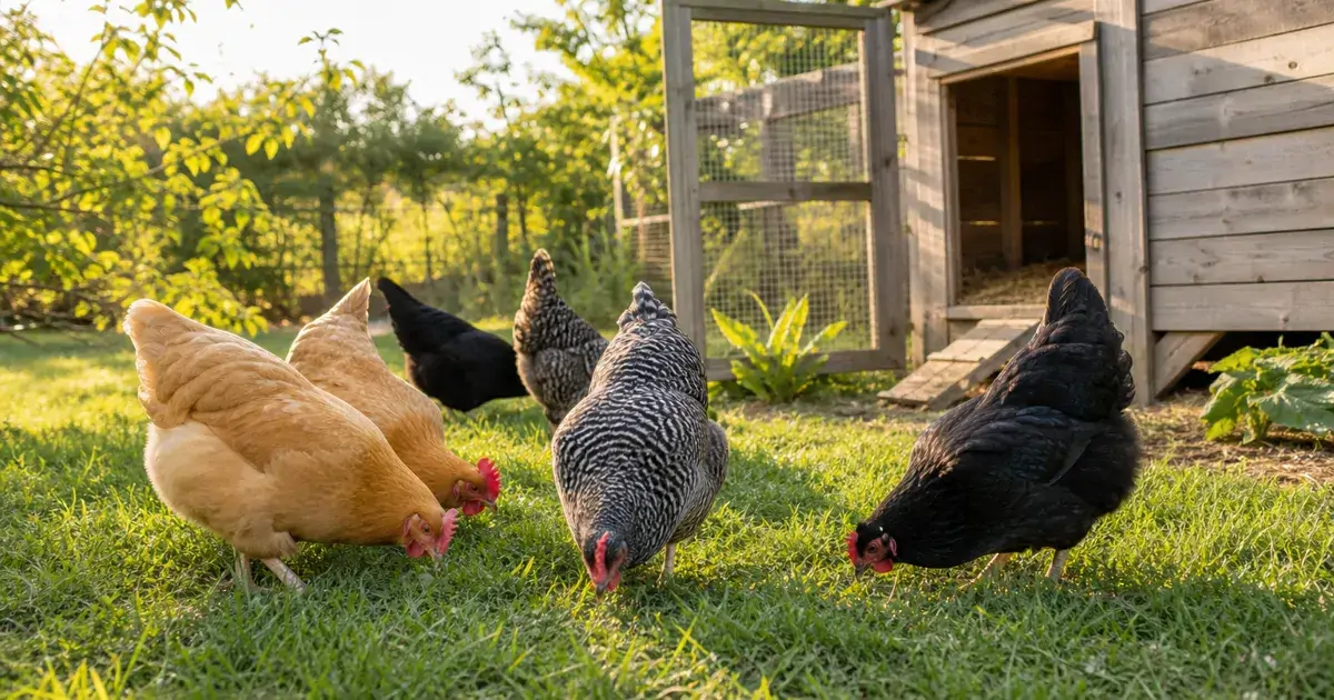 A small mixed flock of buff, barred, and black hens foraging in a grassy backyard beside a wooden coop