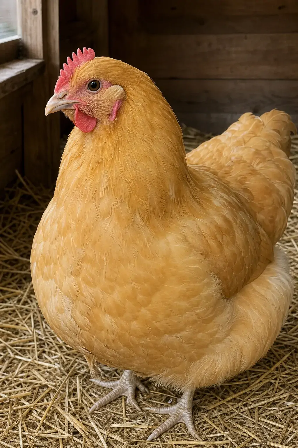 A golden buff hen with loose, plush feathering standing calmly on straw bedding in a coop