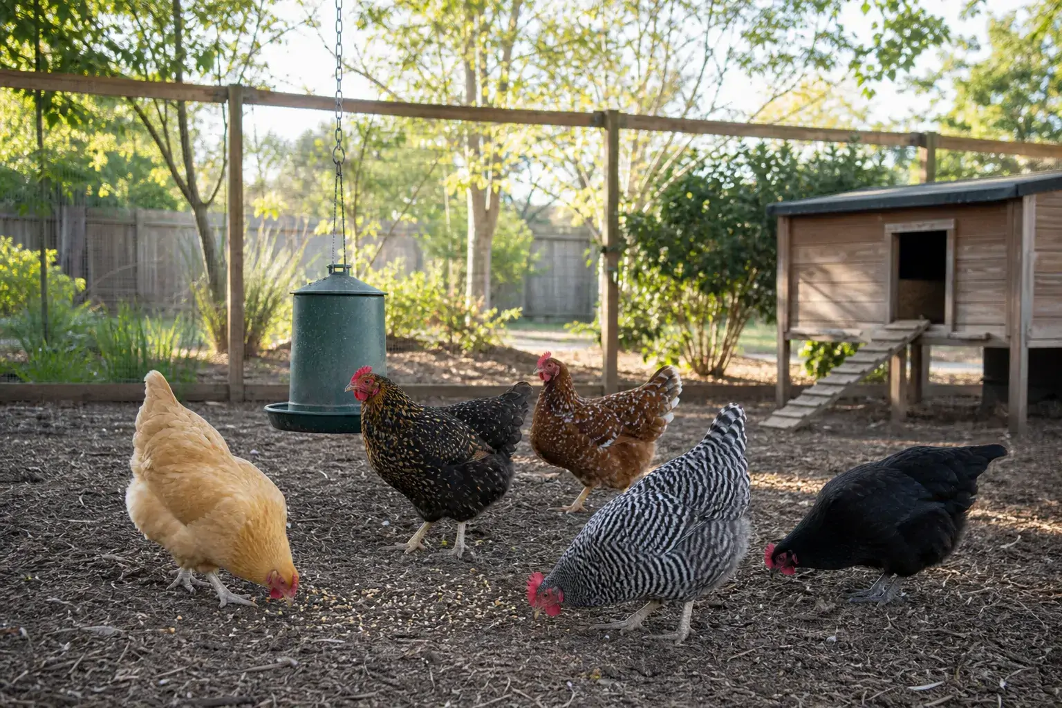 Five hens of different breeds and colors sharing a spacious fenced backyard run with a feeder