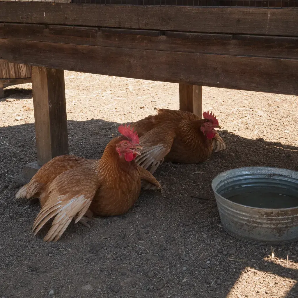 Hens resting in cool shade beneath a raised coop next to a water container on a hot day