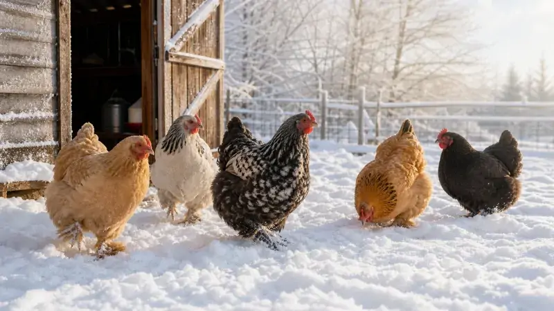 Fluffy cold-hardy hens standing in fresh snow outside a wooden backyard coop on a bright winter morning