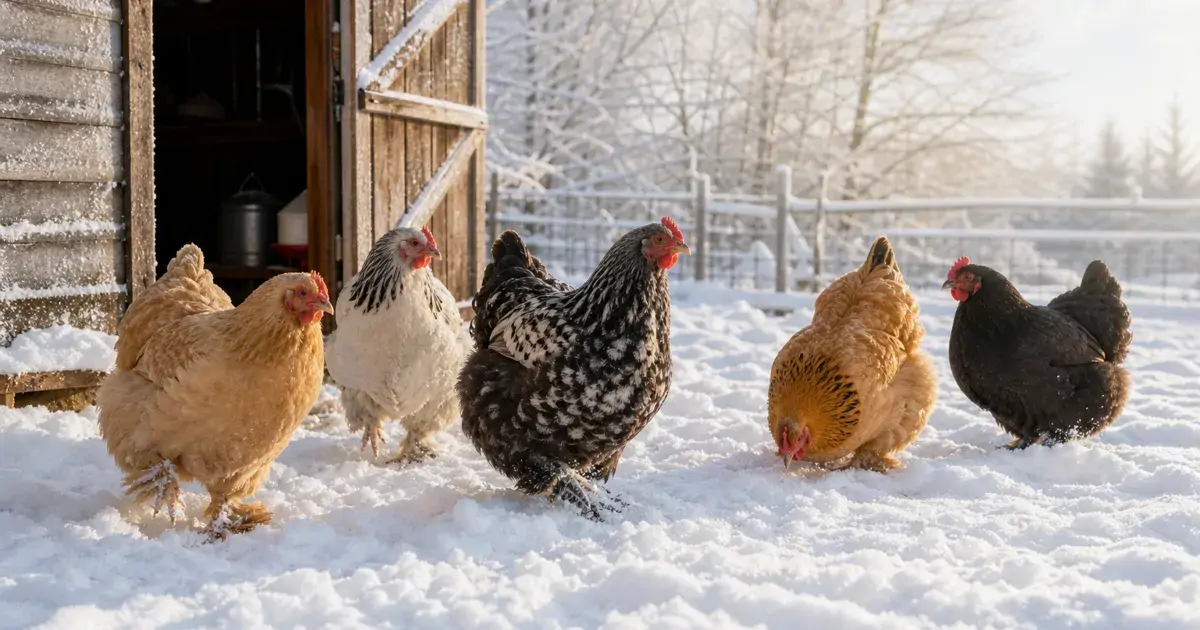 Fluffy cold-hardy hens standing in fresh snow outside a wooden backyard coop on a bright winter morning