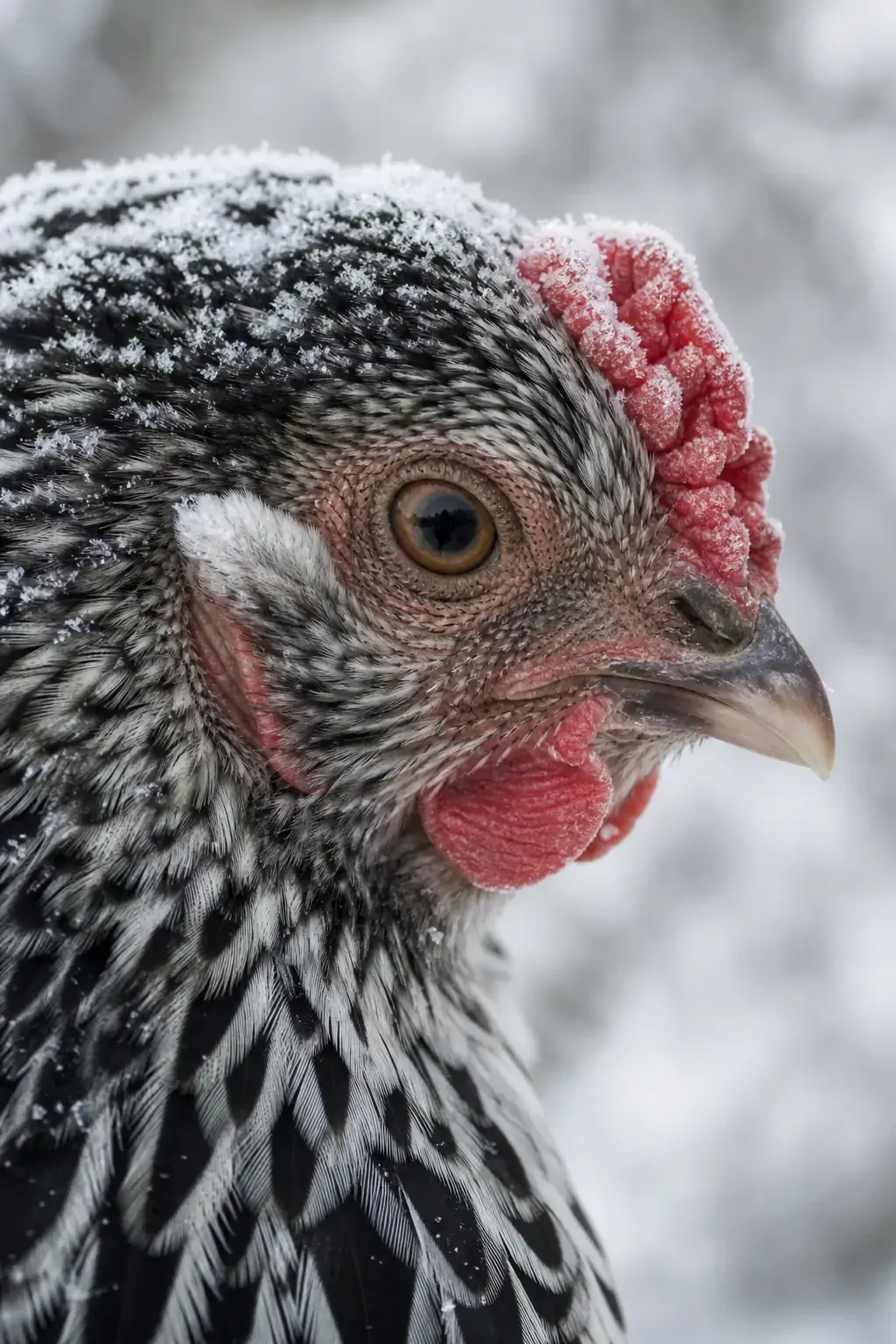 Close-up of a hen's low compact rose comb showing minimal exposed tissue in frosty weather