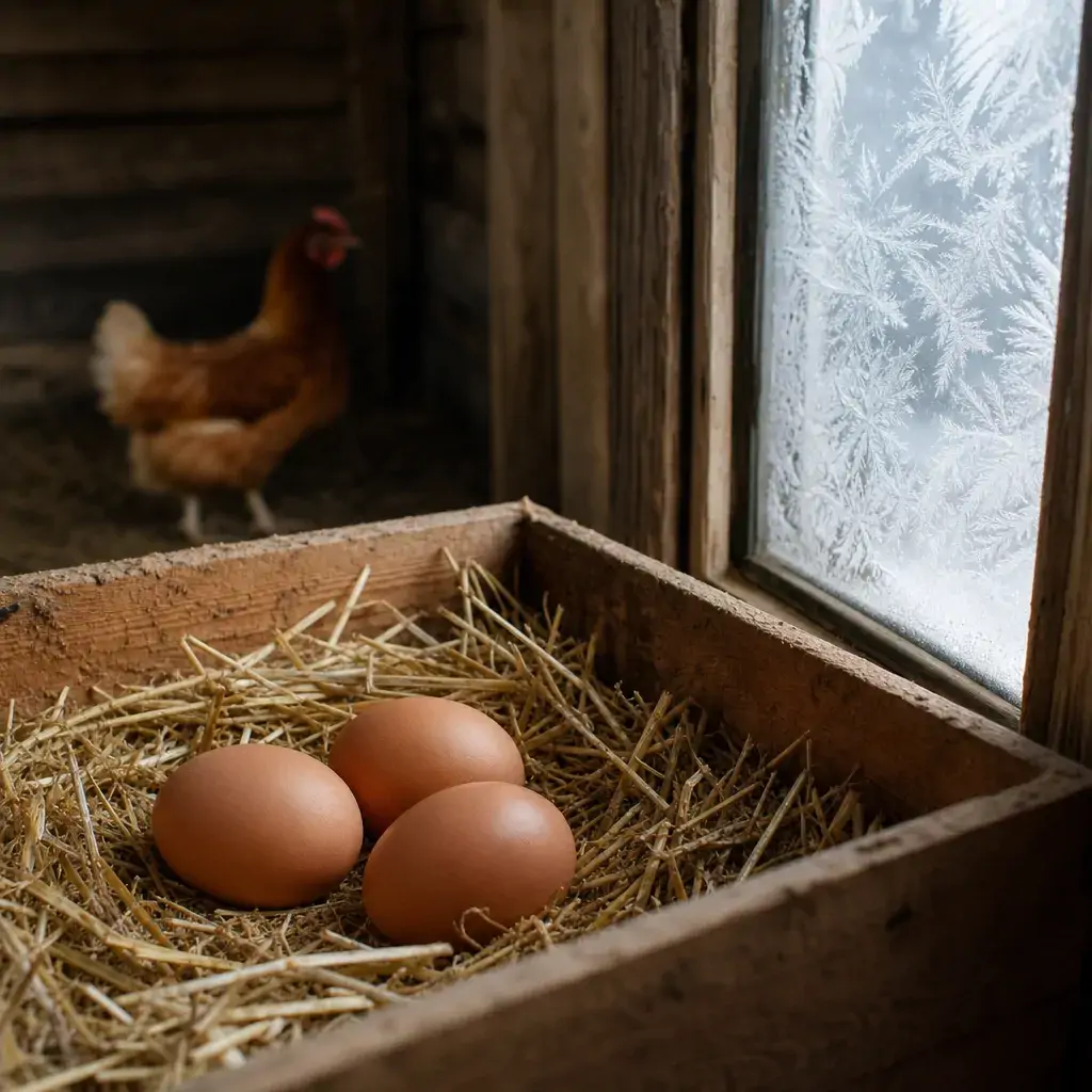 Brown eggs resting in straw nesting box inside a dim winter coop with frost on the window