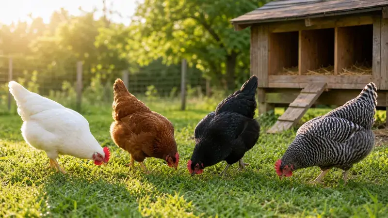 Mixed flock of brown and white laying hens foraging in a grassy backyard near a wooden coop