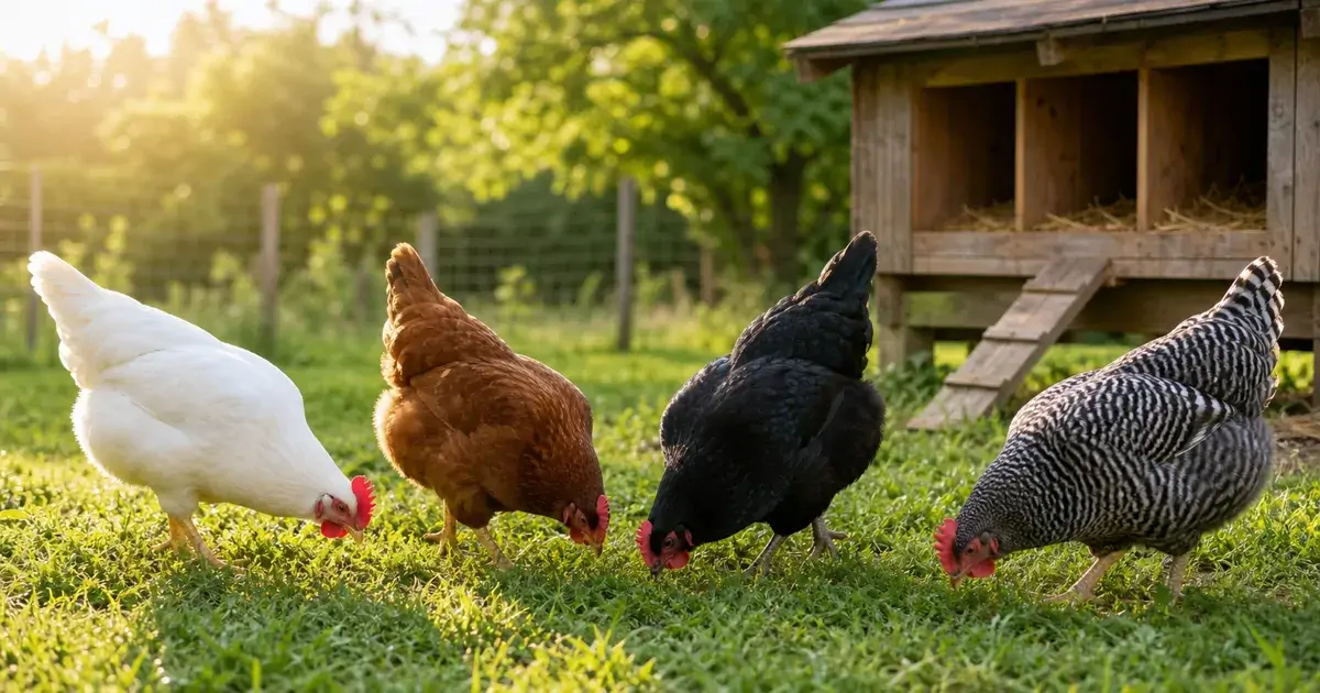 Mixed flock of brown and white laying hens foraging in a grassy backyard near a wooden coop