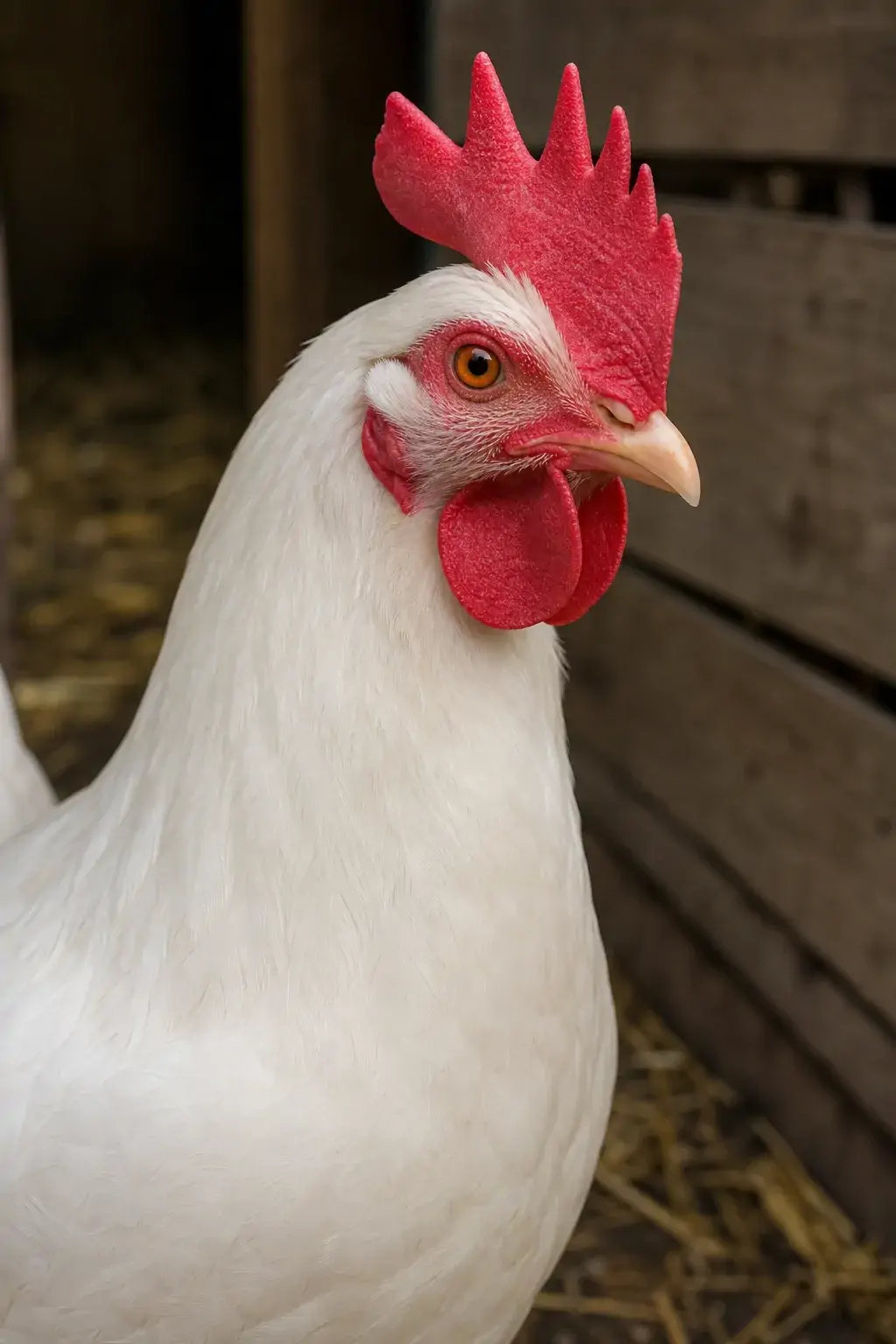 Close-up of a white Leghorn hen with a large red single comb standing alert outdoors