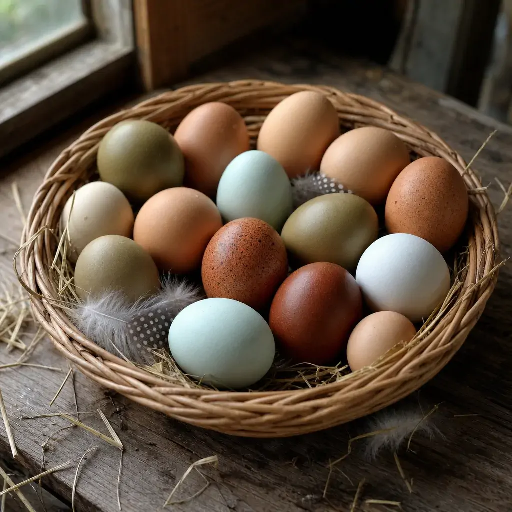 Basket of freshly collected eggs showing blue, dark brown, cream and white shell colors