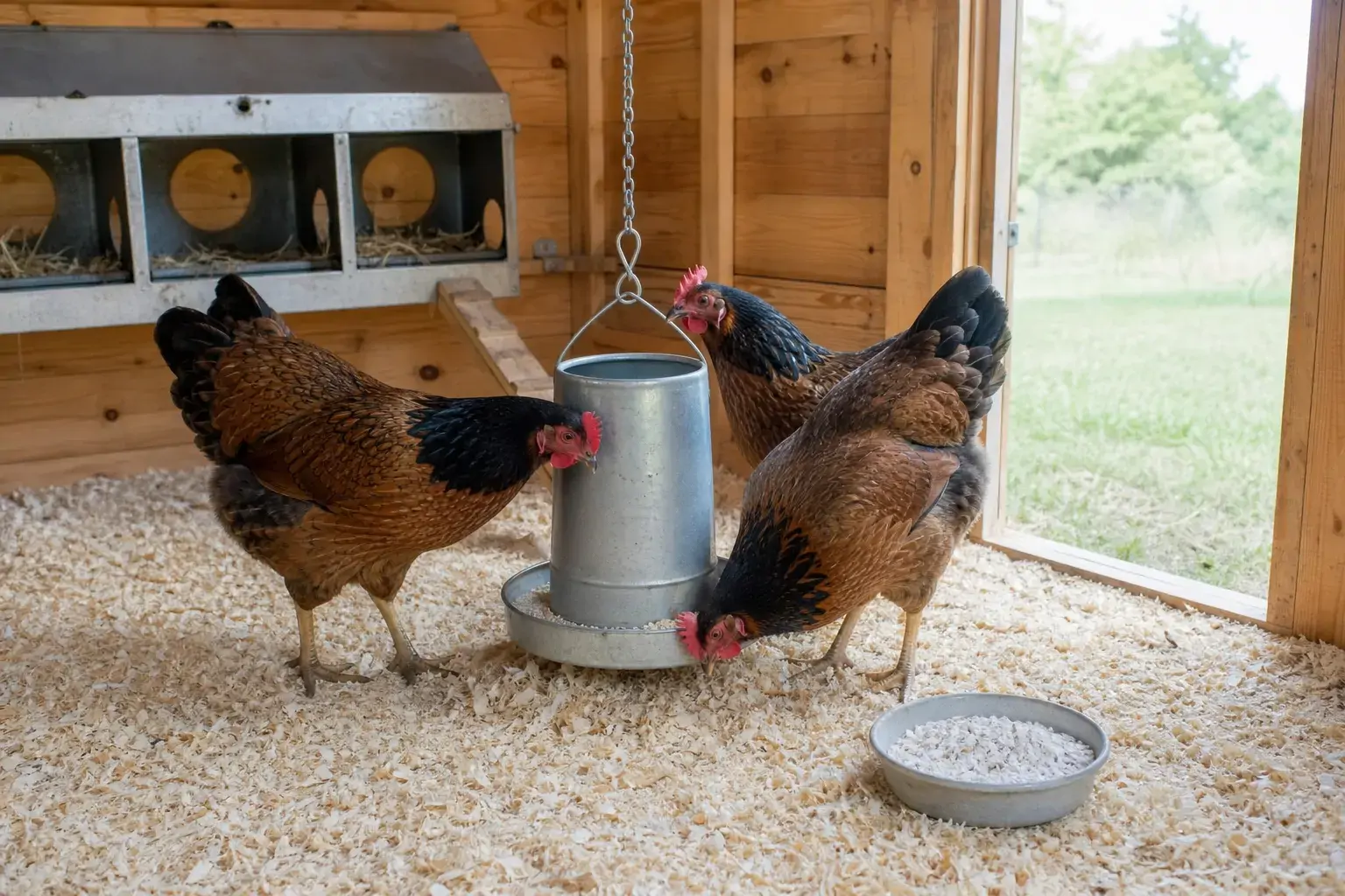Hens gathered around a feeder and small dish of crushed oyster shell inside a clean coop