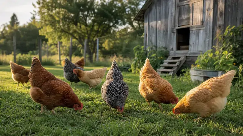 A mixed flock of heavy brown and barred hens foraging together in a grassy farmyard