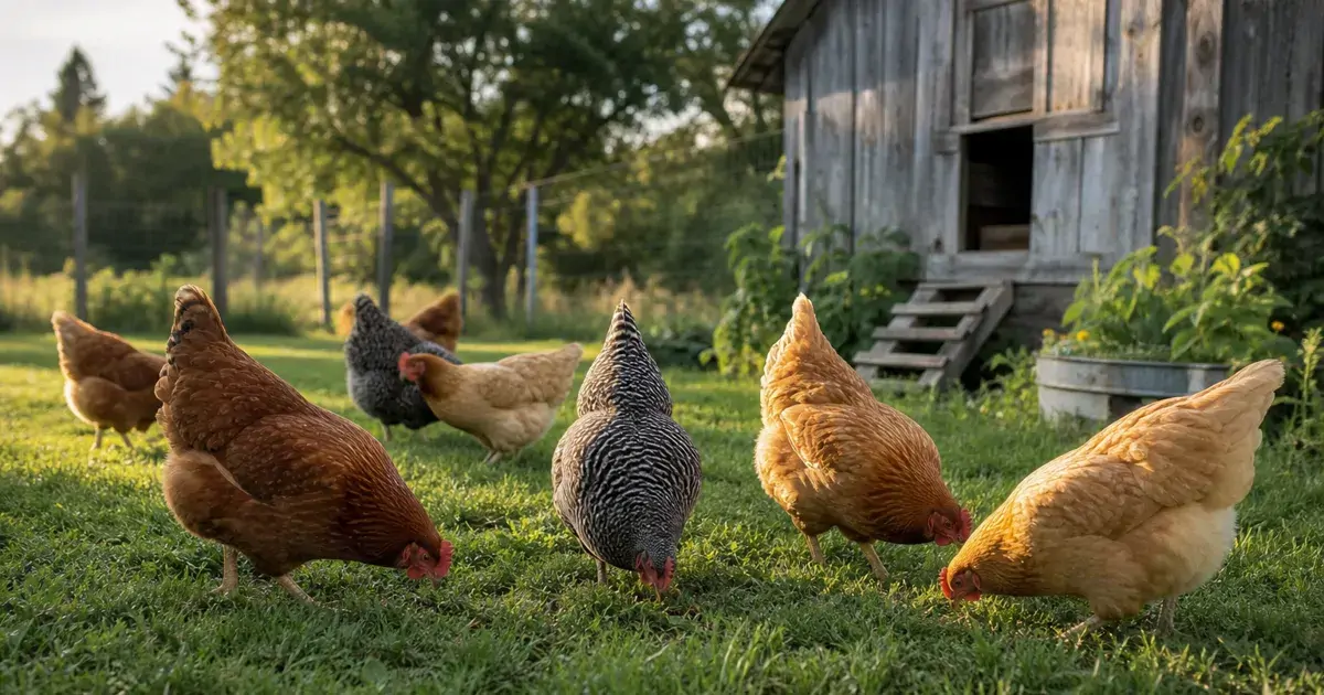 A mixed flock of heavy brown and barred hens foraging together in a grassy farmyard