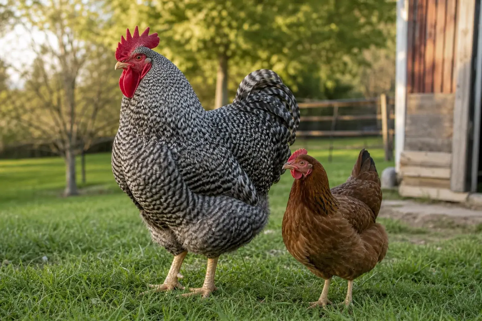 A heavy barred rooster and a smaller brown hen standing side by side on grass