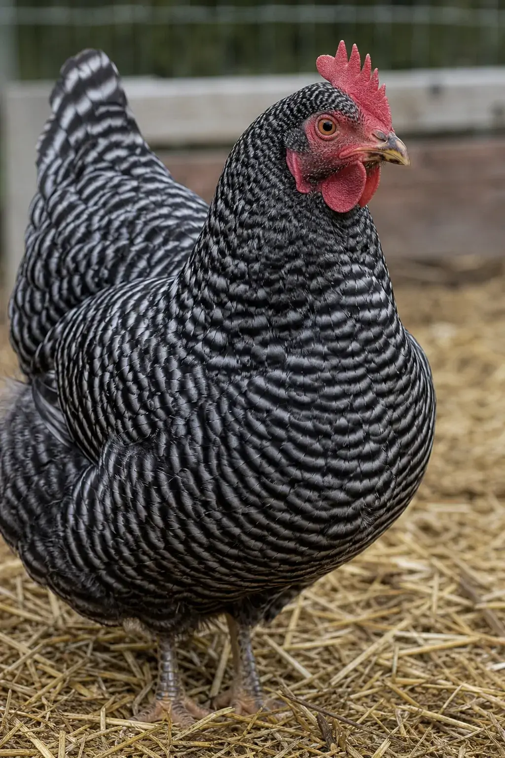 Close-up portrait of a Barred Plymouth Rock hen showing her broad deep body and plumage