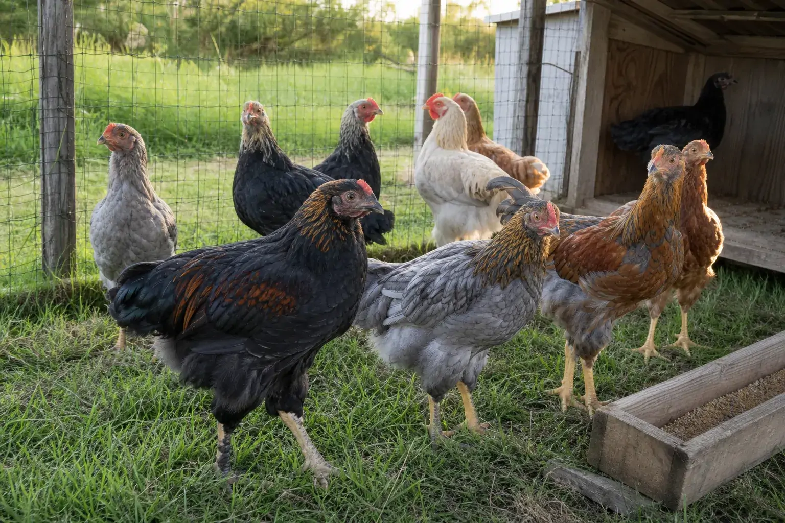 Young cockerels growing out together in a fenced pasture pen on a small homestead