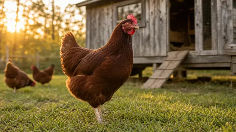 A deep mahogany Rhode Island Red hen standing in green grass beside a wooden backyard coop