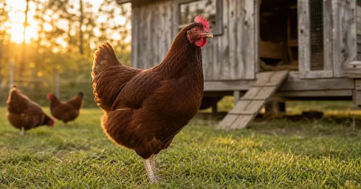 A deep mahogany Rhode Island Red hen standing in green grass beside a wooden backyard coop