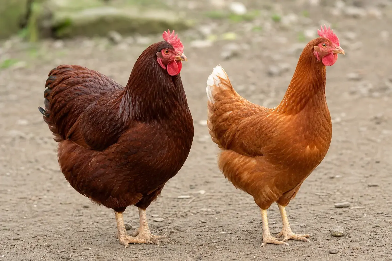 Two red hens side by side showing the darker heritage type and lighter production type plumage
