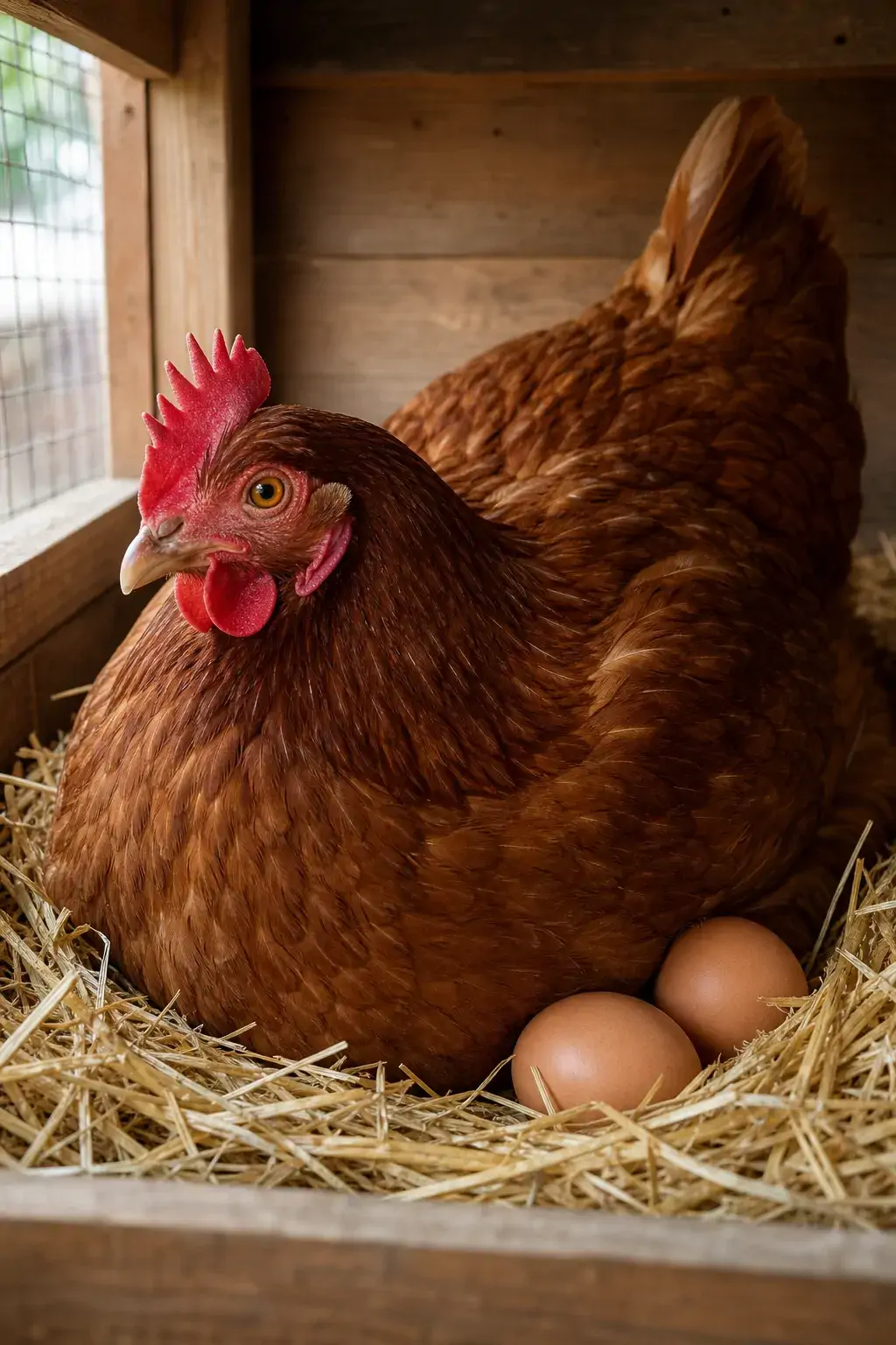 Close-up of a Rhode Island Red hen sitting in a straw-filled nesting box with brown eggs
