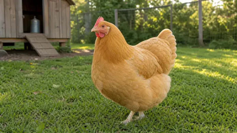 A fluffy golden-buff Orpington hen standing calmly in a grassy backyard chicken run.
