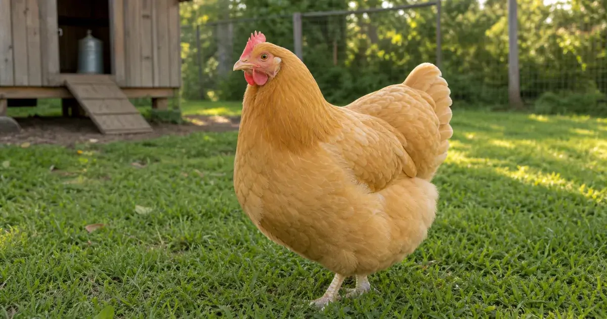 A fluffy golden-buff Orpington hen standing calmly in a grassy backyard chicken run.