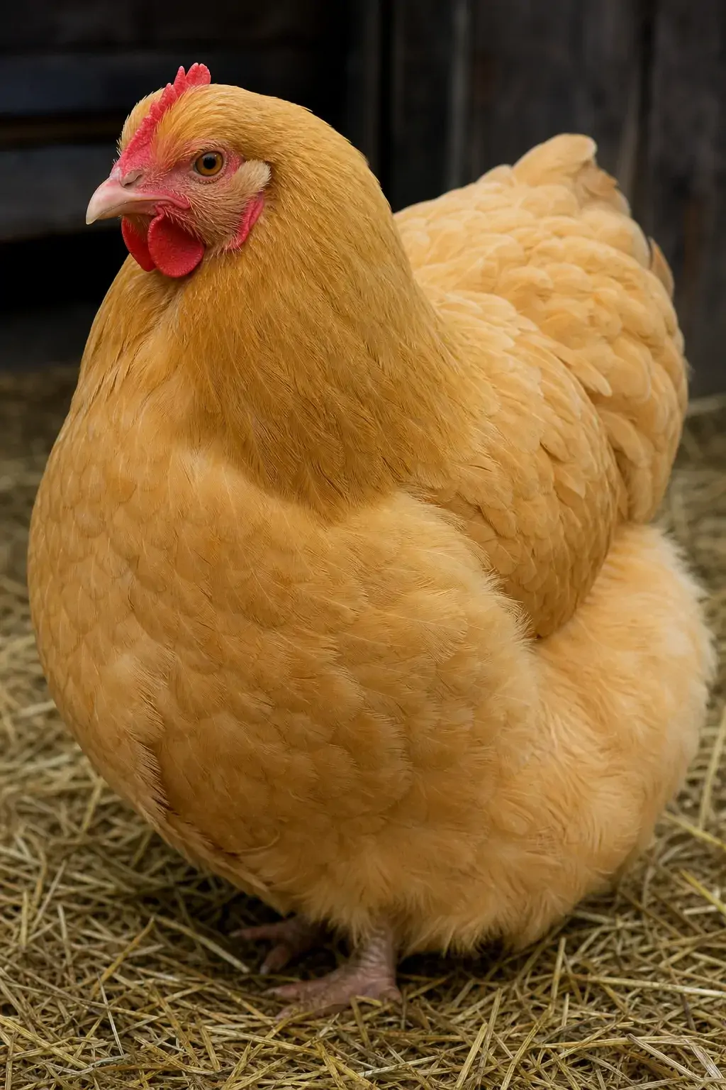 Close-up of a buff-colored Orpington chicken showing its dense, rounded feathering and small comb.