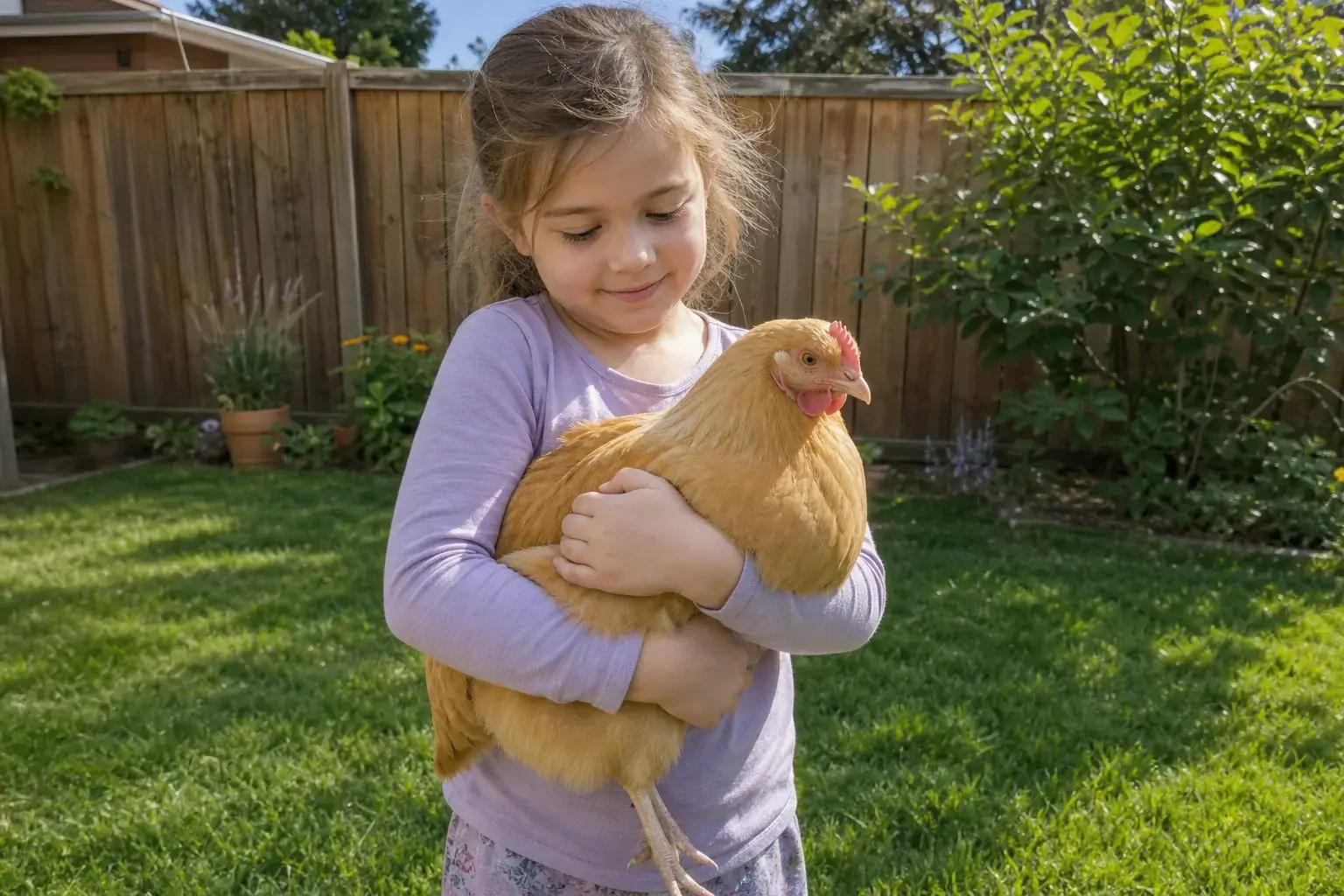 A child gently holding a calm buff Orpington hen in a backyard setting during daytime.