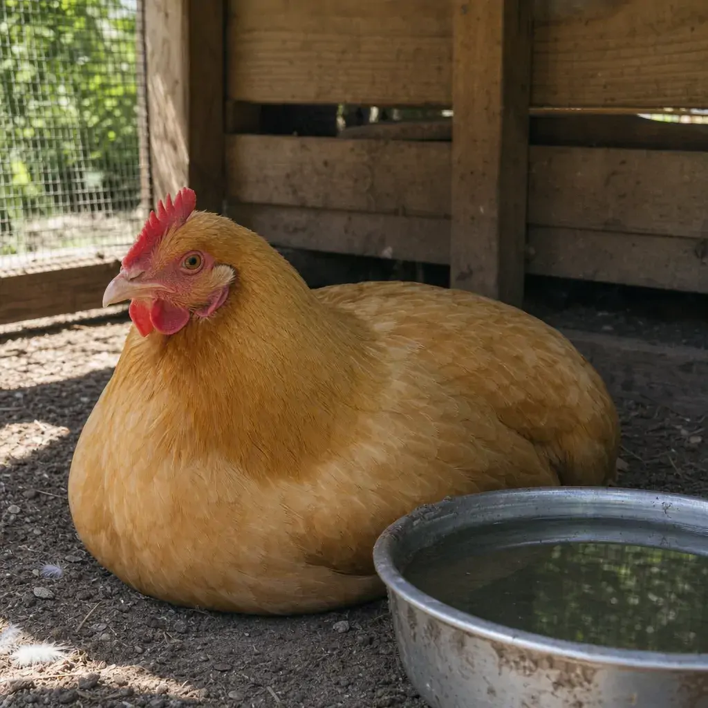 A buff Orpington chicken resting in the shade near a water dish on a hot day.
