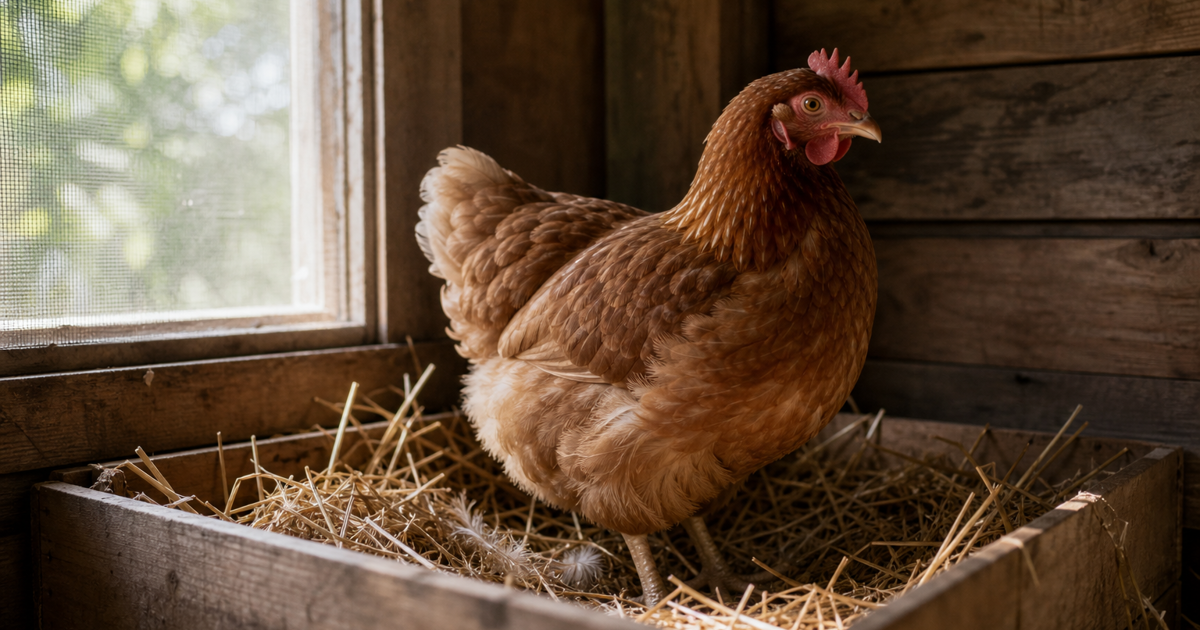 A brown backyard hen standing upright in a nesting box with fluffed feathers and lowered tail