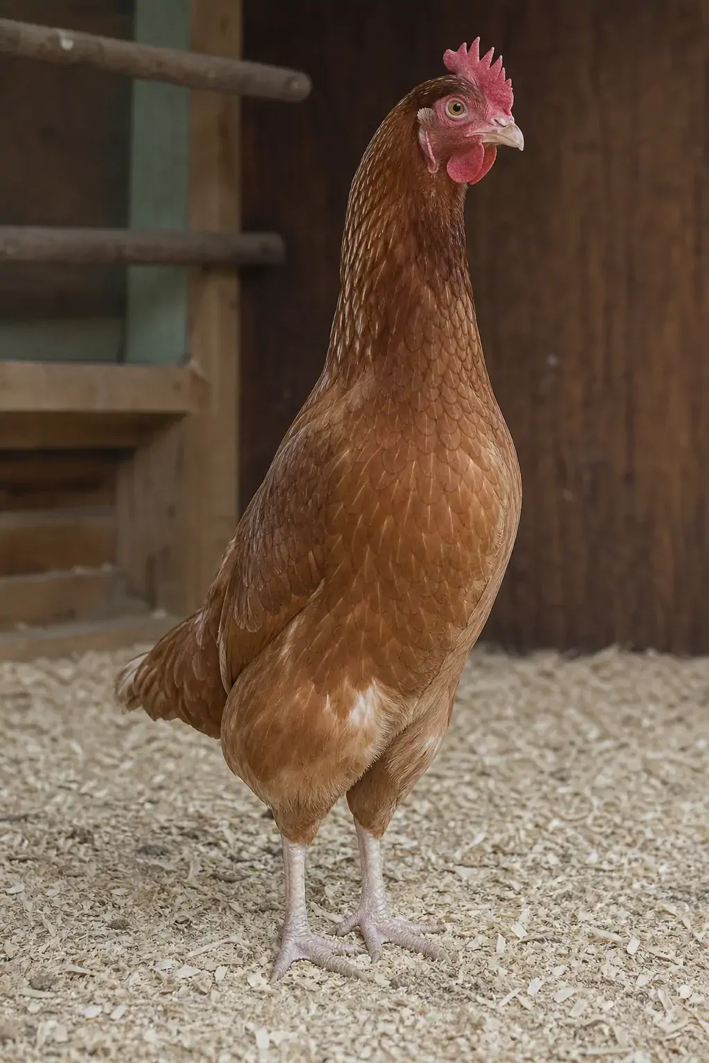 A hen standing upright with a lowered tail in a penguin-like stance inside a coop