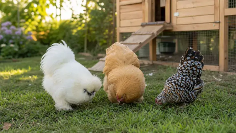 A mixed group of small bantam chickens foraging together on green backyard grass