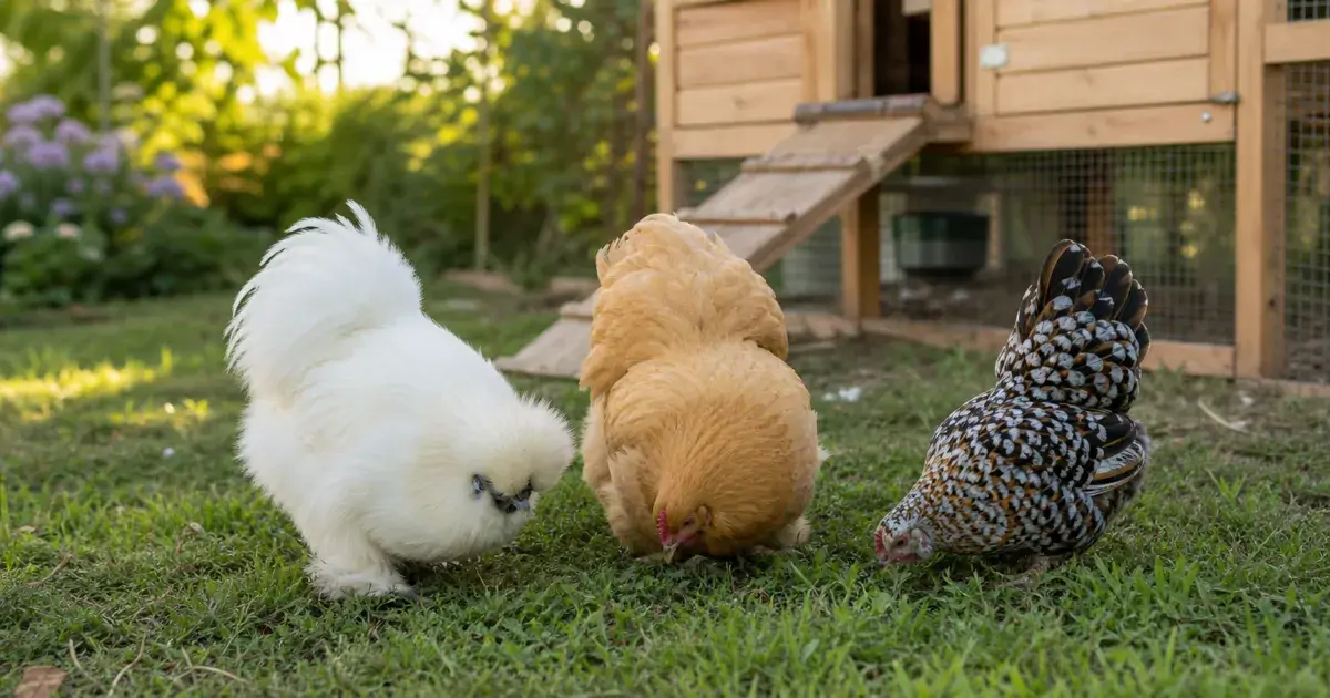 A mixed group of small bantam chickens foraging together on green backyard grass