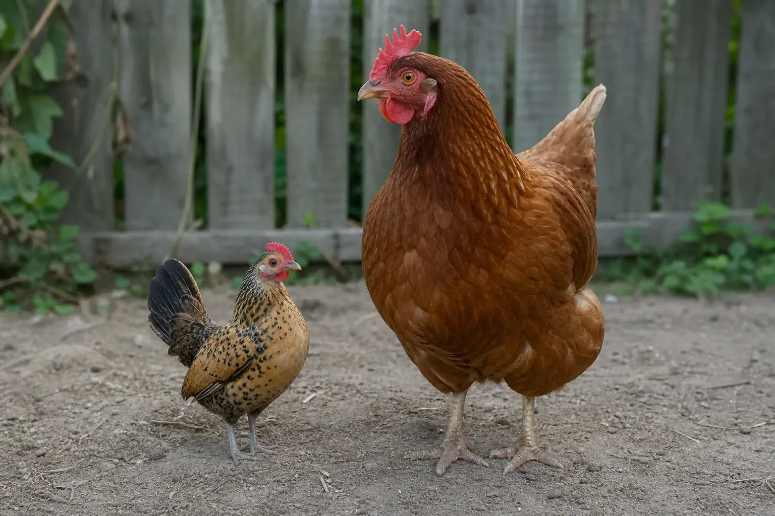 A small bantam hen standing beside a much larger standard-sized hen showing the size difference