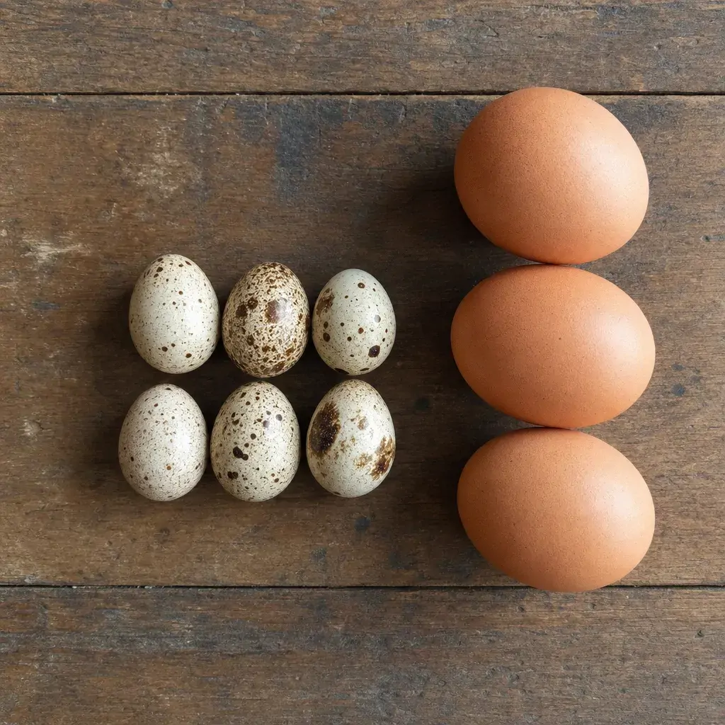 Several small bantam eggs arranged next to standard large chicken eggs for size comparison