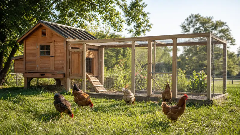 A well-built backyard chicken coop and run sitting in a grassy yard on a sunny morning