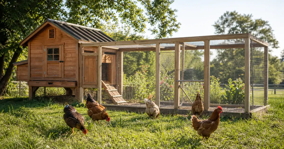 A well-built backyard chicken coop and run sitting in a grassy yard on a sunny morning