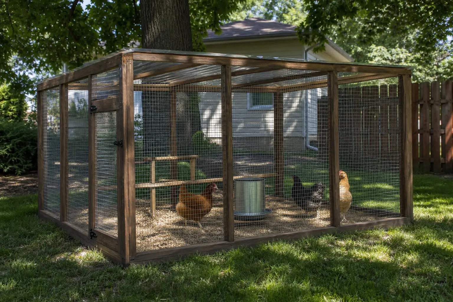A covered chicken run made of wire mesh with wooden framing standing in a yard
