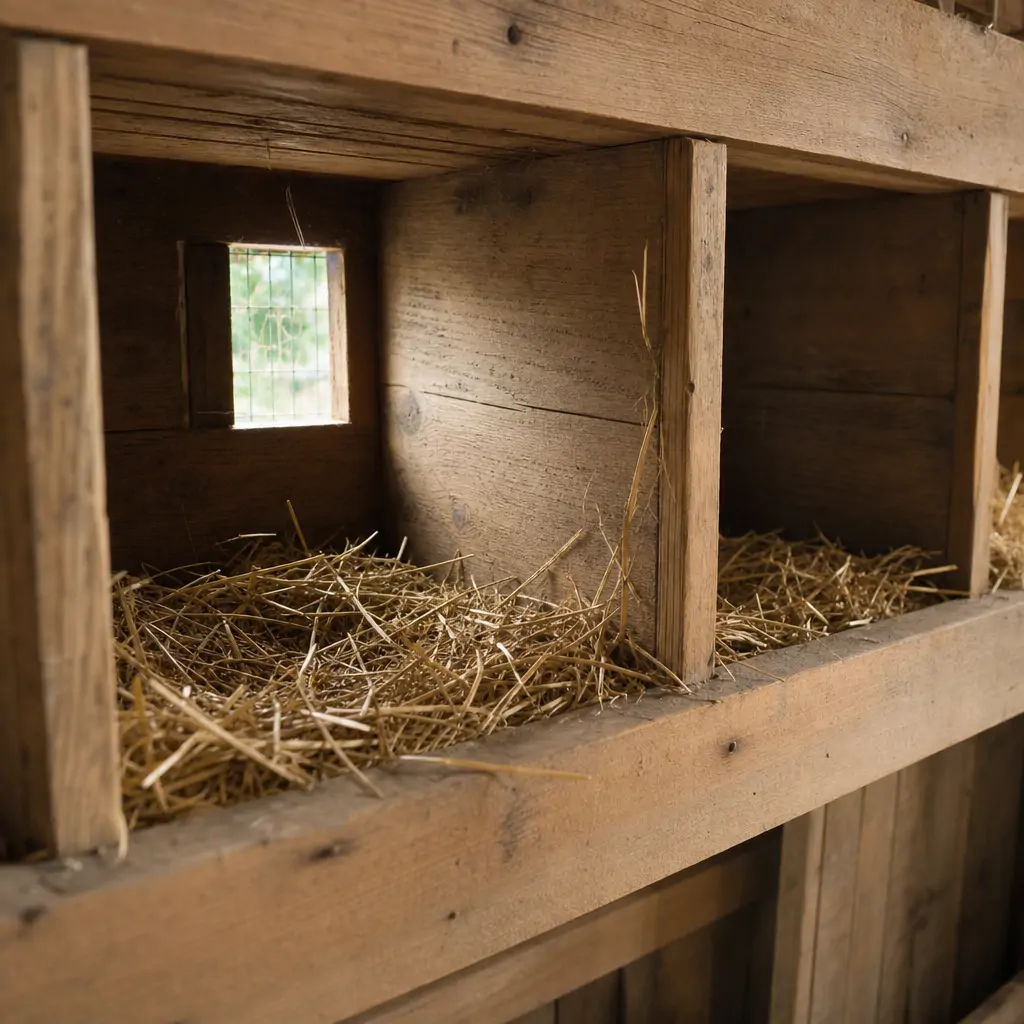 Wooden nesting boxes lined with straw bedding inside a chicken coop wall