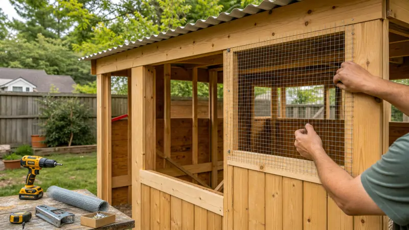 A wooden backyard chicken coop under construction with framing and hardware cloth visible