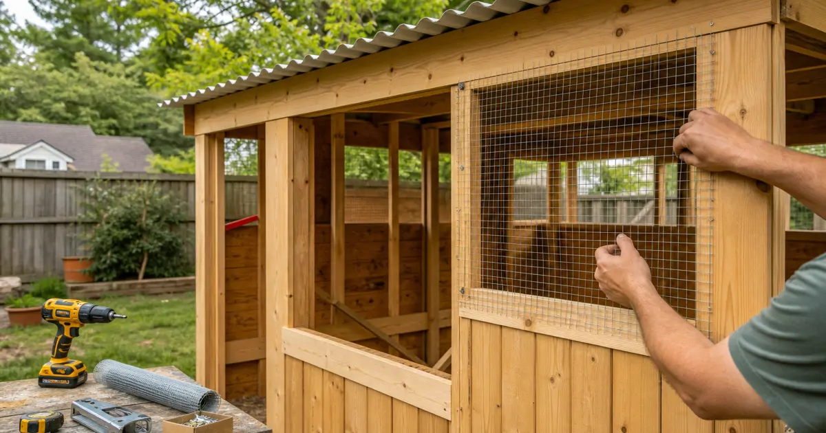 A wooden backyard chicken coop under construction with framing and hardware cloth visible