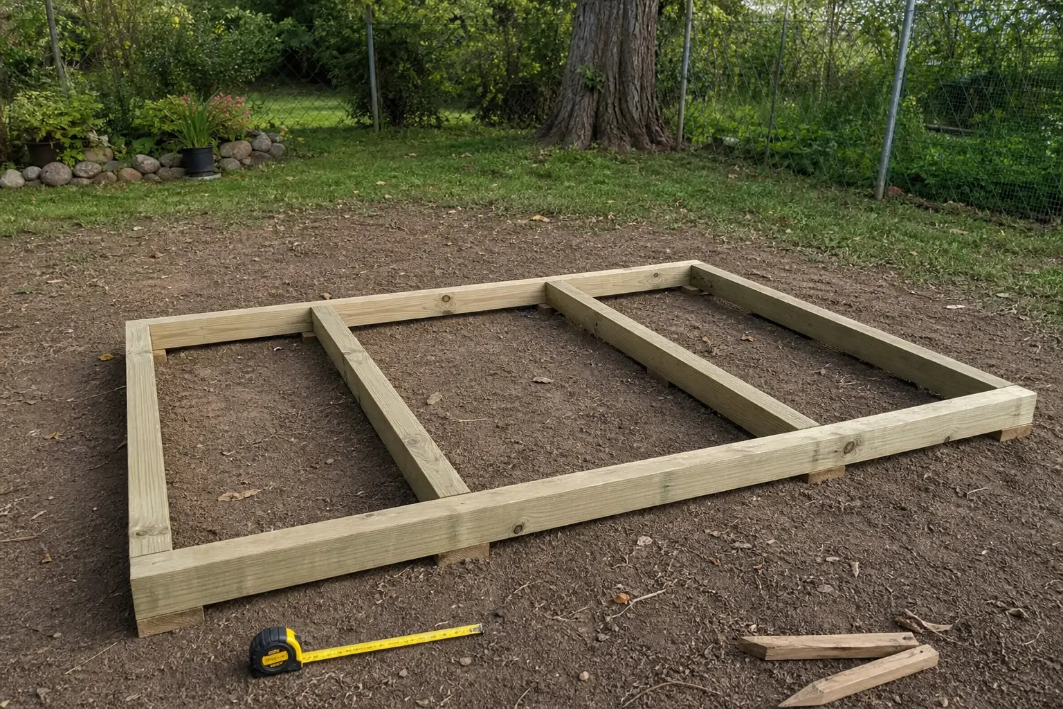 A level, elevated backyard site being prepared with wooden skids for a chicken coop foundation