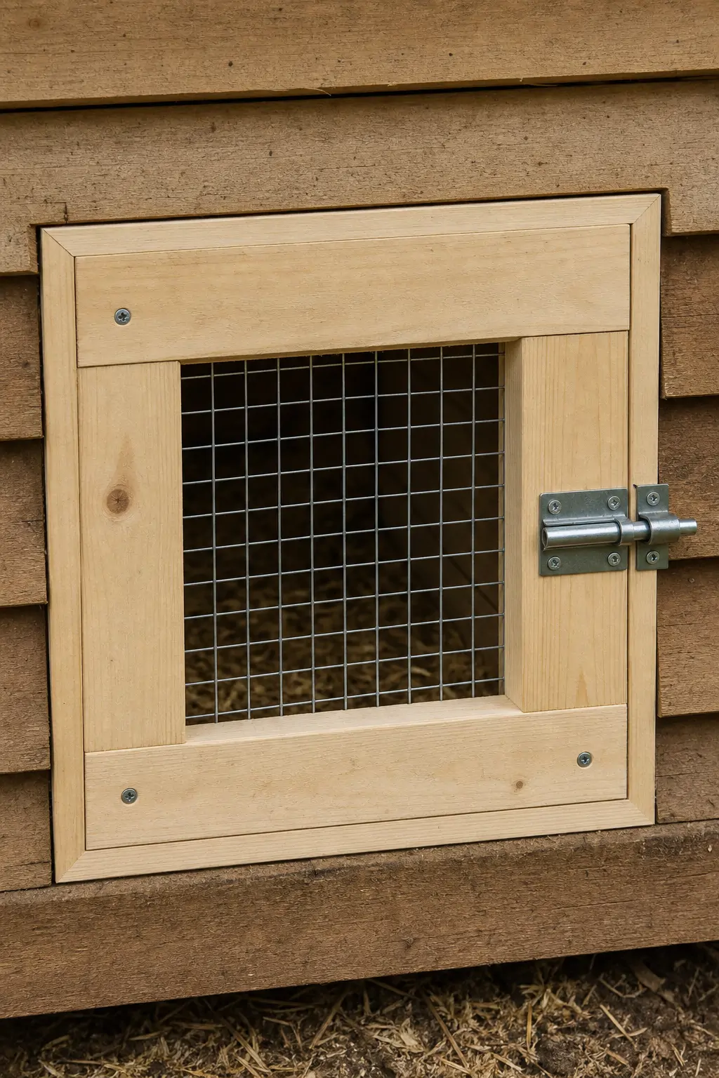 Close-up of a small chicken coop pop door with hardware cloth and a sliding latch mechanism