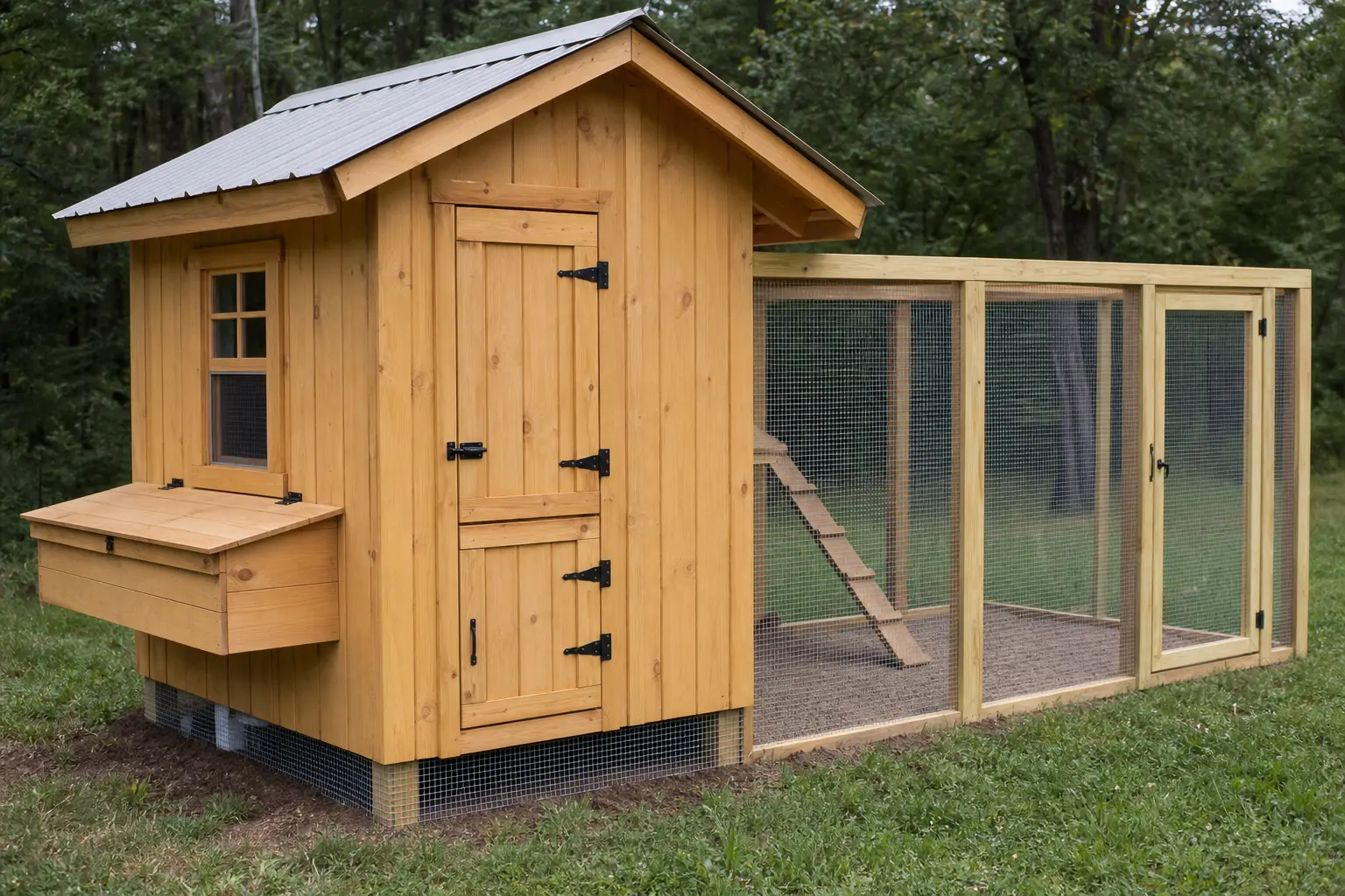 Finished backyard chicken coop exterior showing hardware cloth buried along the base for predator protection